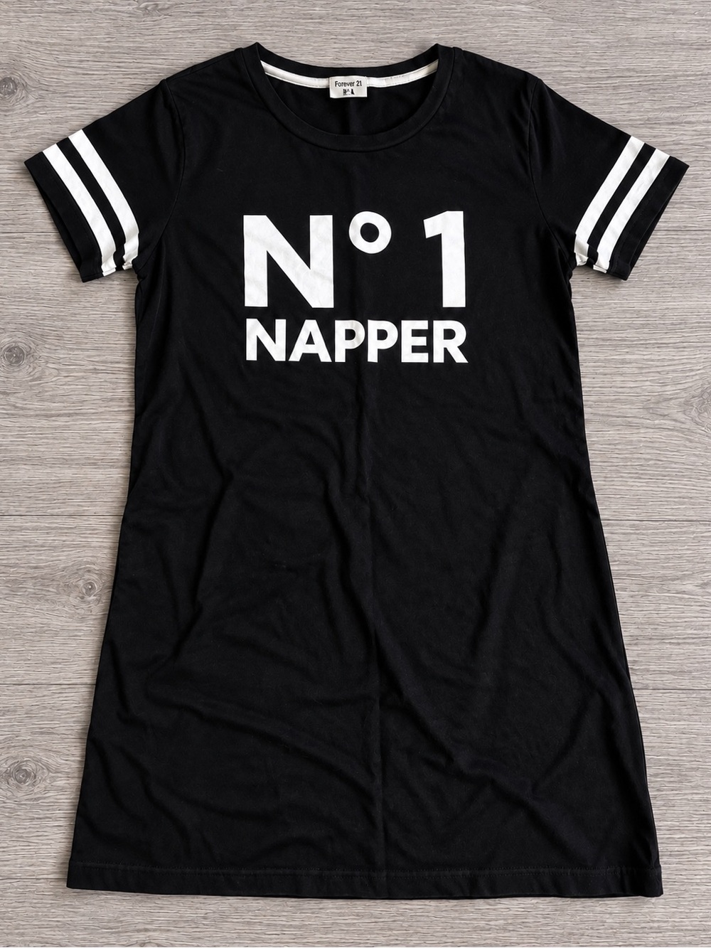 Forever 21 Black Tee Dress with White Graphic & Sleeve Stripes Pajamas